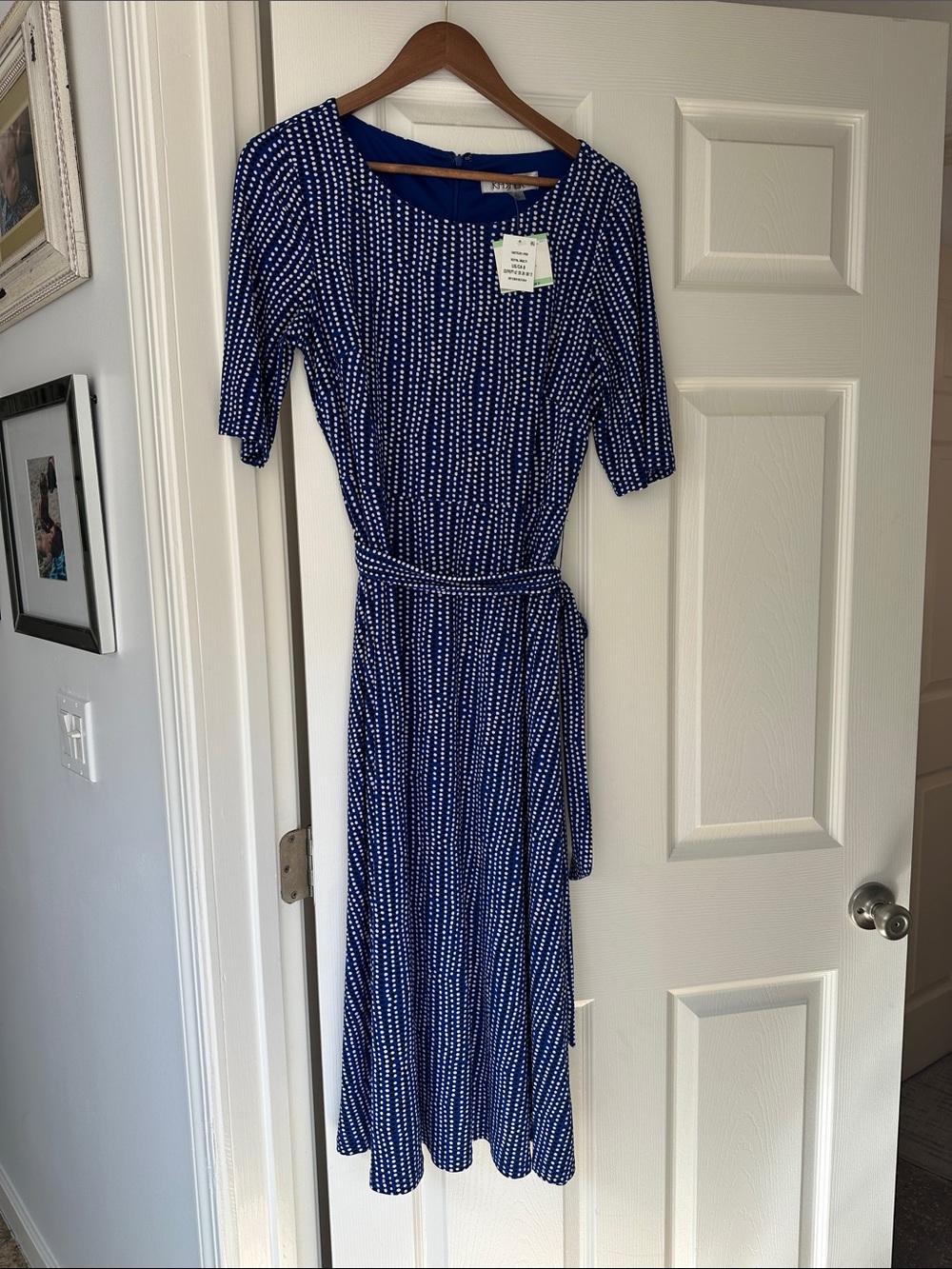 Kasper Navy and White Dot Midi Dress with Waist Tie